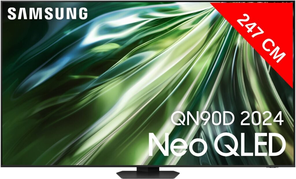 Téléviseur SAMSUNG TQ98QN90D Neo QLED 2024 avec un écran de 247 cm, affichant des visuels abstraits verts dynamiques.