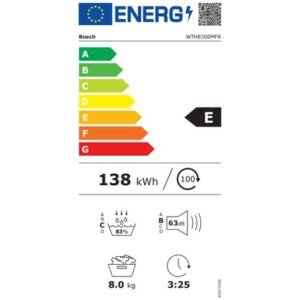 Le sèche-linge BOSCH WTH8300MFR porte l'étiquette énergétique européenne E, consomme 138 kWh, supporte une charge de 8 kg, fonctionne à 63 dB, a une durée de cycle de 3h25 et offre une efficacité de 83 %.