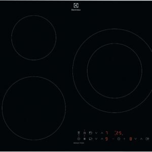 Vue de dessus de la table de cuisson à induction ELECTROLUX IDE6342KC dotée de trois brûleurs et de commandes tactiles numériques situées en bas.