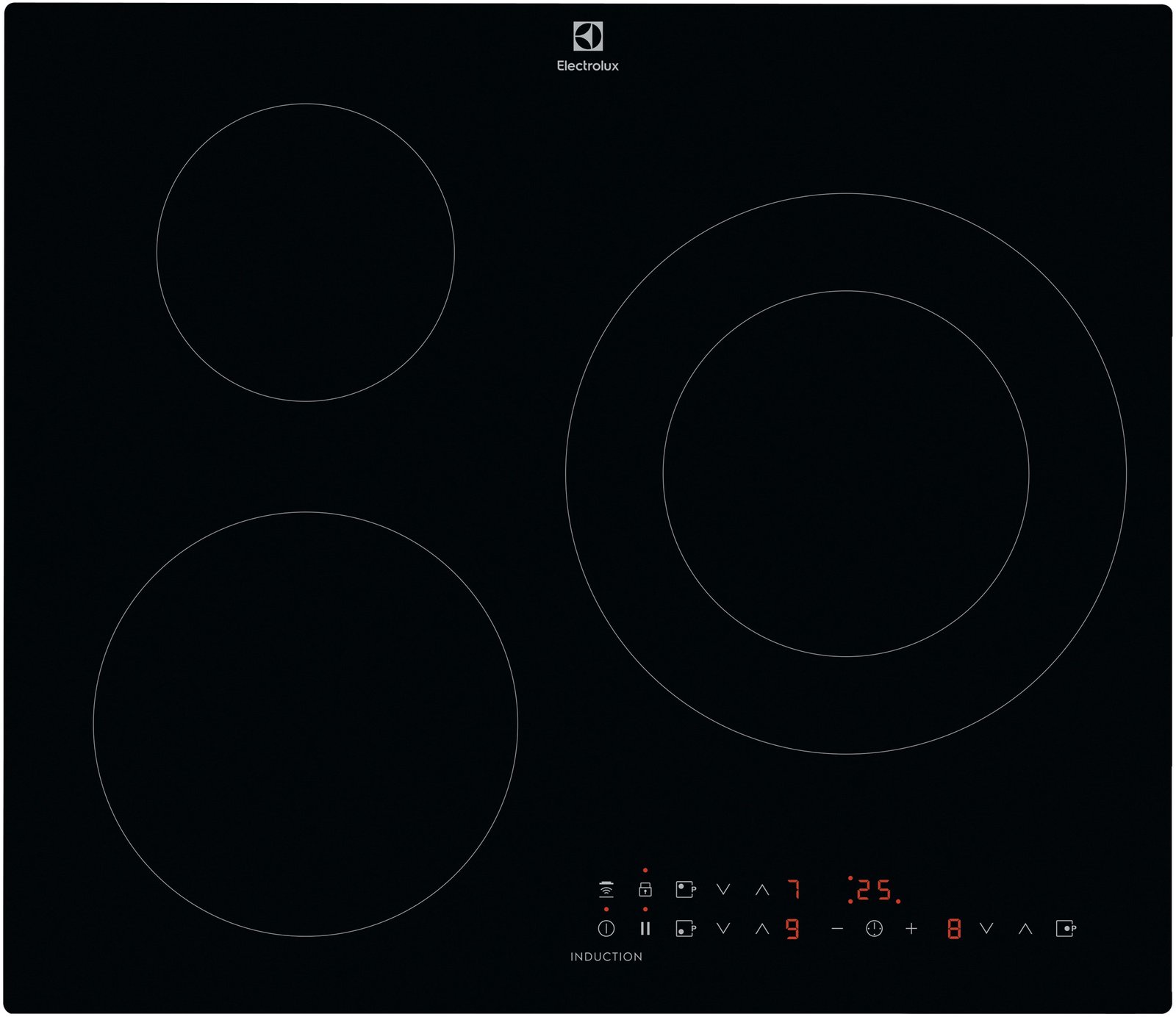 Vue de dessus de la table de cuisson à induction ELECTROLUX IDE6342KC dotée de trois brûleurs et de commandes tactiles numériques situées en bas.