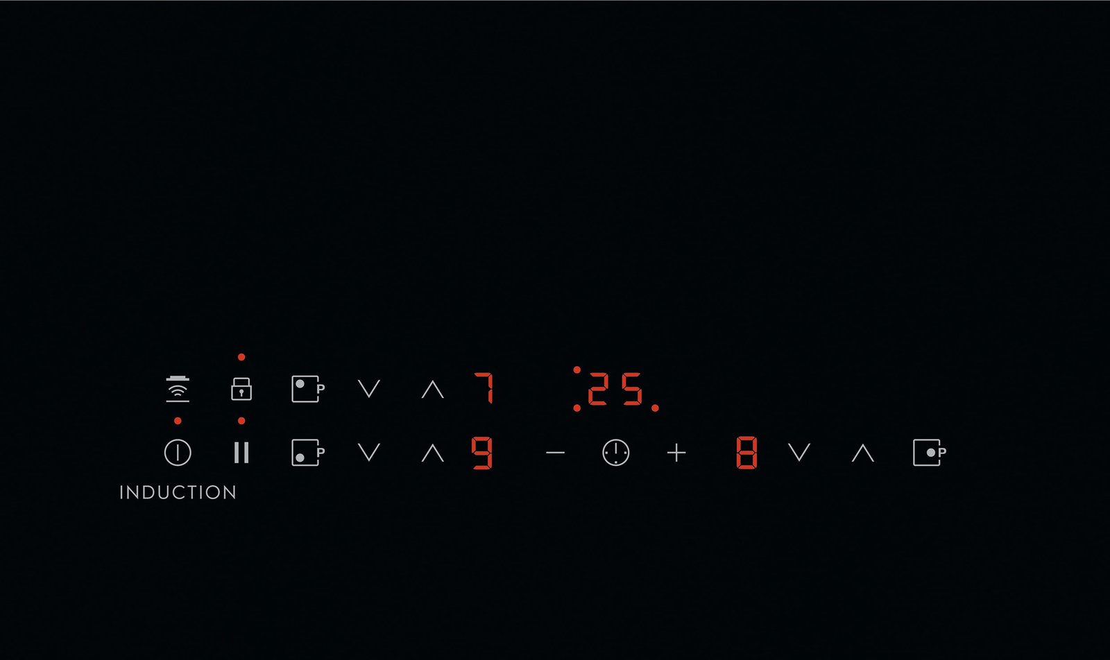 L'ELECTROLUX IDE6342KC dispose d'une table de cuisson à induction noire moderne avec des chiffres numériques et des icônes rouges vifs qui représentent clairement diverses fonctions de cuisson.