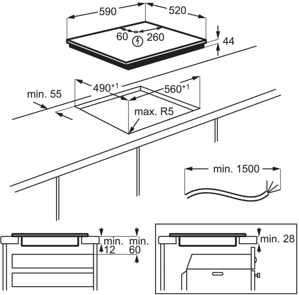Dessin technique illustrant les dimensions et les exigences d'installation de la table de cuisson à induction ELECTROLUX IDE6342KC.
