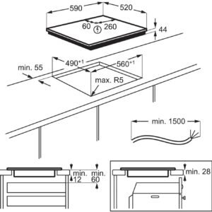 Dessin technique illustrant les dimensions et les exigences d'installation de la table de cuisson à induction ELECTROLUX IDE6342KC.