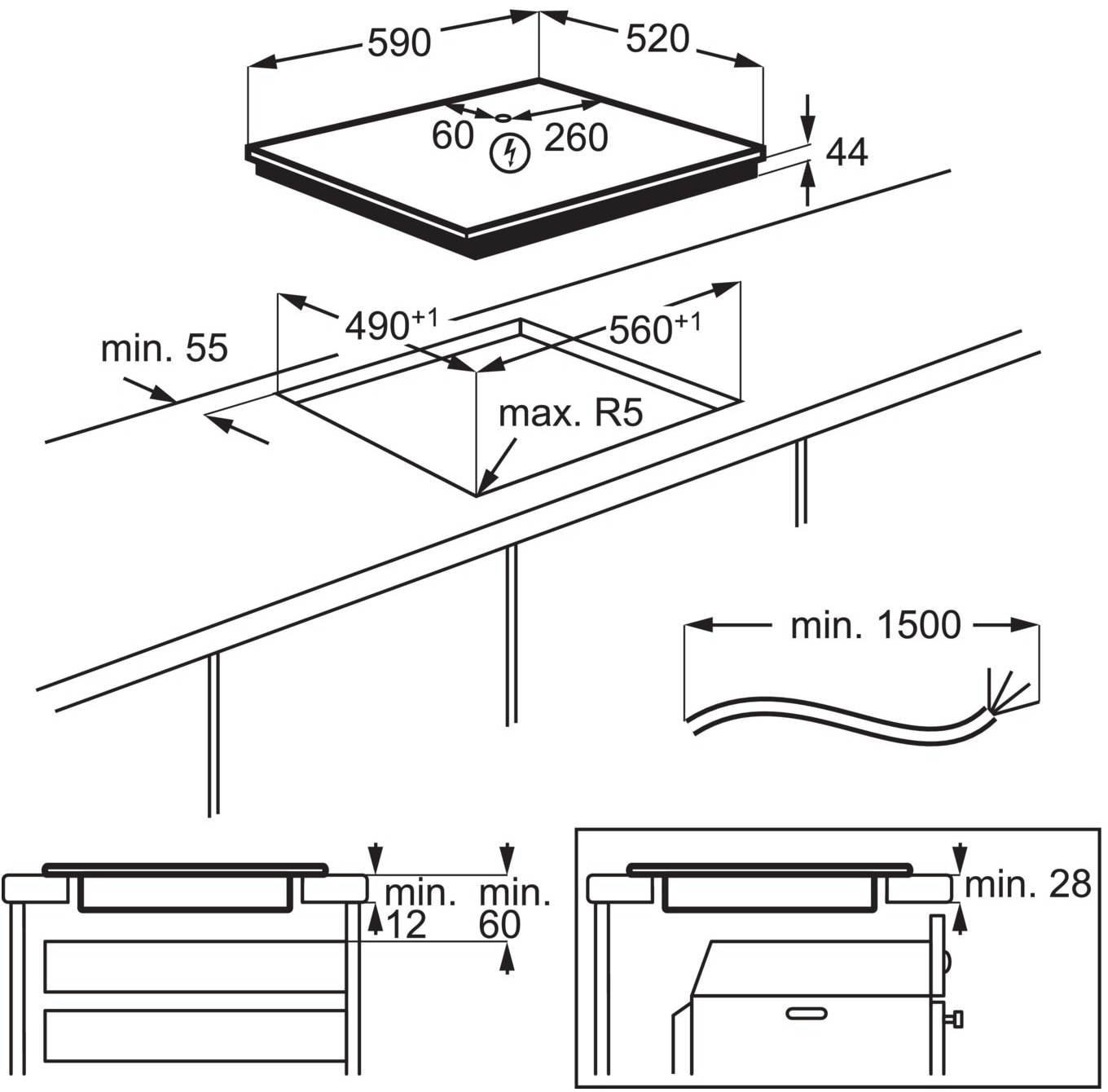 Dessin technique illustrant les dimensions et les exigences d'installation de la table de cuisson à induction ELECTROLUX IDE6342KC.