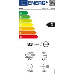 Le MIELE G 5150 VI a une étiquette énergétique avec une classe d'efficacité D et une consommation annuelle d'énergie de 83 kWh. Il affiche des icônes pour les fonctionnalités et les spécifications.