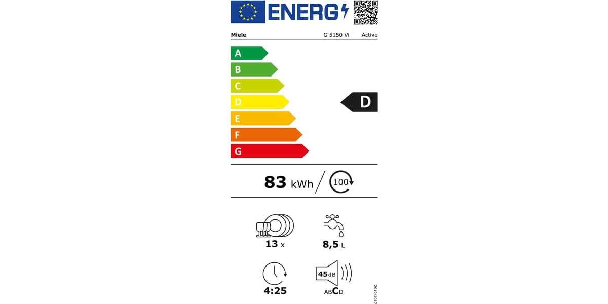 Le MIELE G 5150 VI a une étiquette énergétique avec une classe d'efficacité D et une consommation annuelle d'énergie de 83 kWh. Il affiche des icônes pour les fonctionnalités et les spécifications.