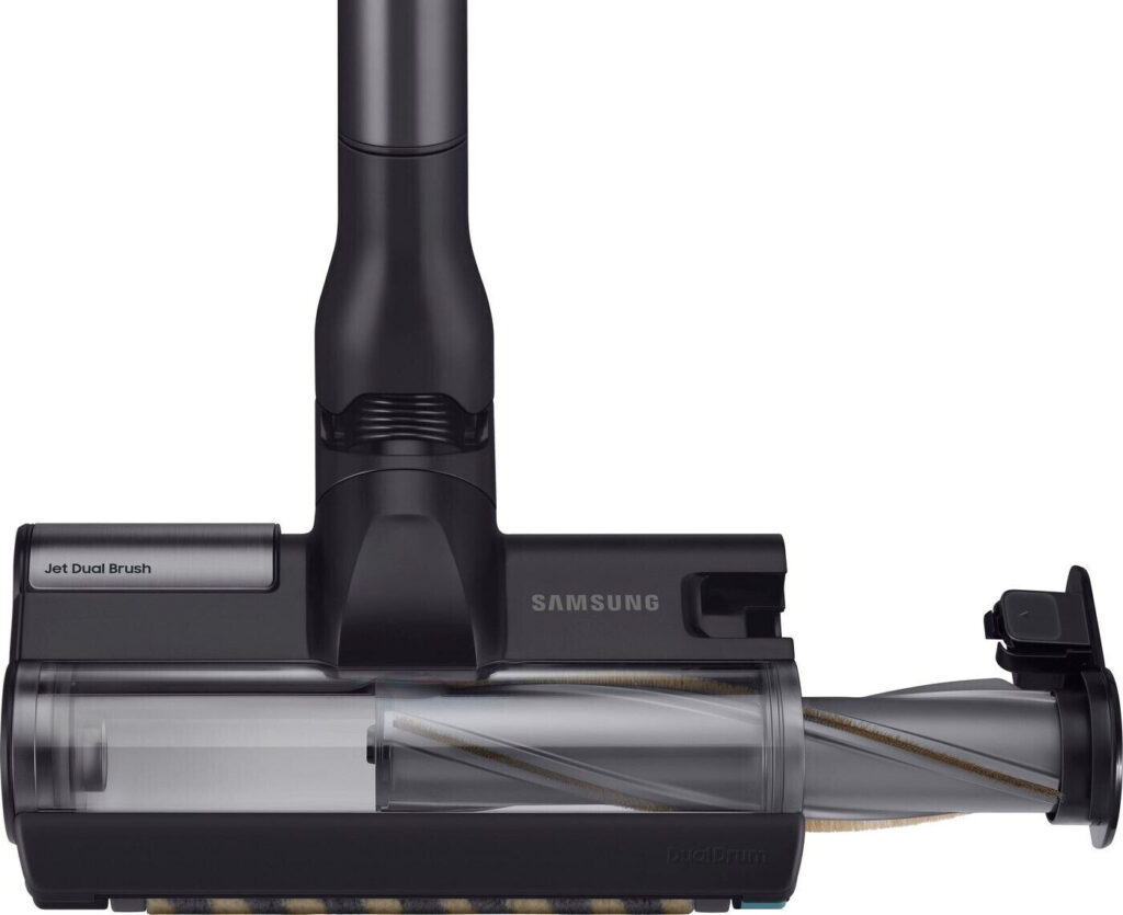 L'accessoire pour aspirateur SAMSUNG VS20C95E4TB, également connu sous le nom de Jet Dual Brush, est doté d'un rouleau-brosse visible et d'une marque « Samsung » bien visible.