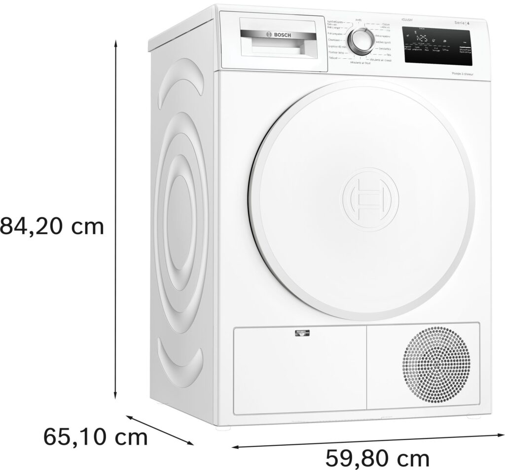 Sèche-linge à chargement frontal BOSCH WTH8300MFR blanc avec dimensions : 84,20 cm (hauteur), 65,10 cm (profondeur) et 59,80 cm (largeur).