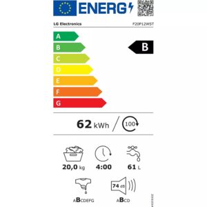 Le lave-linge LG F20P12WST est de classe énergétique B et consomme 62 kWh. Il a une capacité de 61 litres, pèse 20,0 kg et fonctionne à un niveau sonore de 74 dB pendant quatre heures maximum.