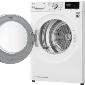 Le LG RH9V50WH est un sèche-linge blanc à chargement frontal avec une porte ouverte, un affichage numérique et un tambour visible à l'intérieur.