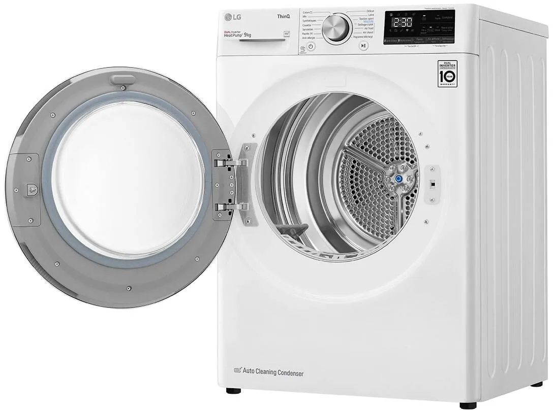 Le LG RH9V50WH est un sèche-linge blanc à chargement frontal avec une porte ouverte, un affichage numérique et un tambour visible à l'intérieur.