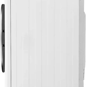 Vue latérale d'un lave-linge LG RH9V50WH blanc à chargement frontal avec la porte fermée.