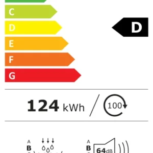 Label européen de l'énergie pour LG RH9V50WH : classé D, 124 kWh/an, capacité de 9 kg, niveau sonore de 64 dB, cycle de 3:32.