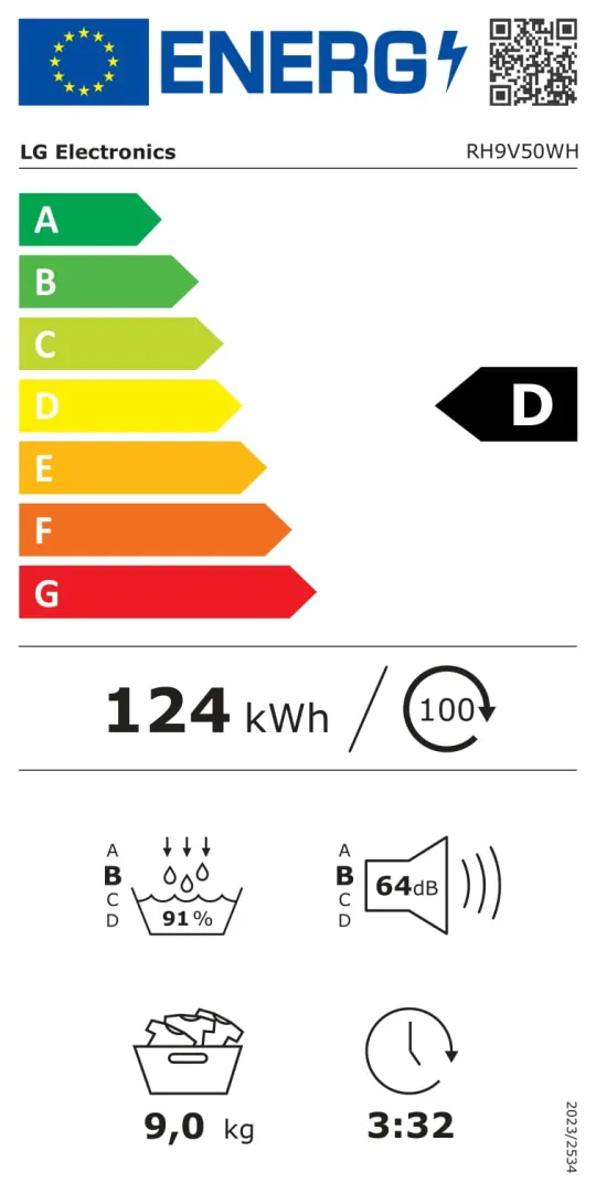 Label européen de l'énergie pour LG RH9V50WH : classé D, 124 kWh/an, capacité de 9 kg, niveau sonore de 64 dB, cycle de 3:32.