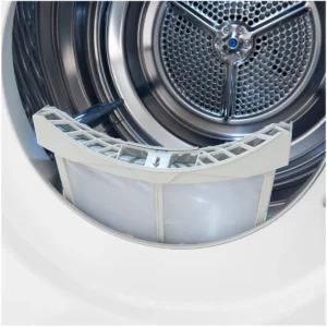 Gros plan du sèche-linge LG RH9V50WH avec sa porte ouverte, montrant le filtre à peluches partiellement sorti.
