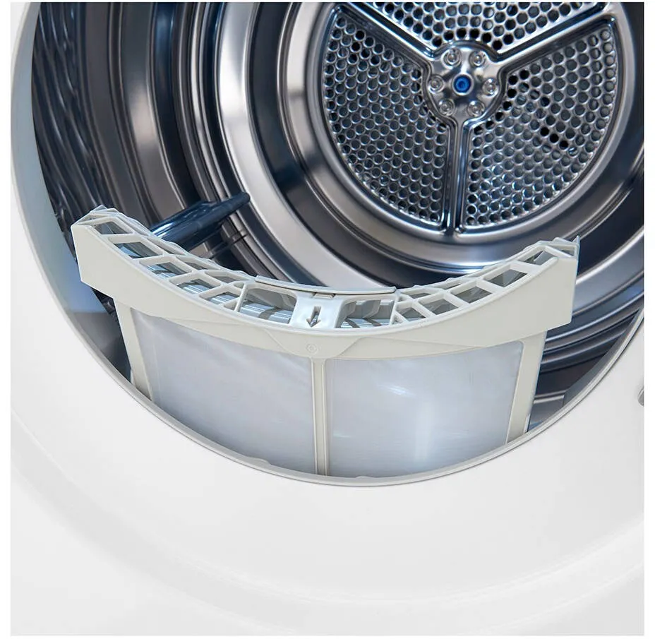 Gros plan du sèche-linge LG RH9V50WH avec sa porte ouverte, montrant le filtre à peluches partiellement sorti.