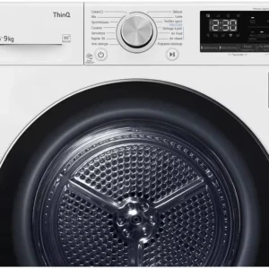 Vue avant du sèche-linge à pompe à chaleur LG RH9V50WH de 9 kg, avec affichage numérique et bouton de commande.