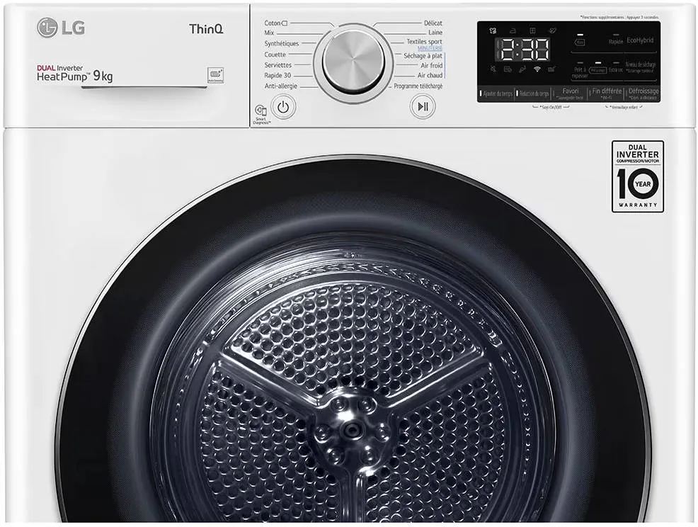 Vue avant du sèche-linge à pompe à chaleur LG RH9V50WH de 9 kg, avec affichage numérique et bouton de commande.