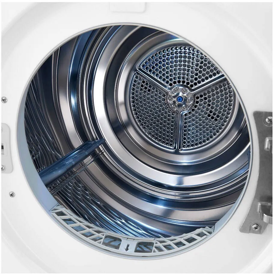 Gros plan sur le tambour métallique perforé du lave-linge à chargement frontal LG RH9V50WH.