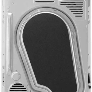 Le lave-linge LG RH9V50WH est doté d'un panneau arrière en métal avec des évents, des vis et un grand ovale noir au centre.