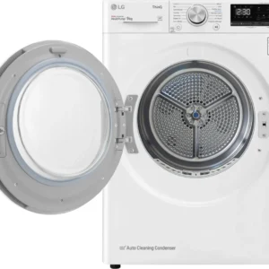 Vue de face du sèche-linge blanc LG RH9V50WH avec sa porte ouverte, montrant le tambour vide et le panneau de commande.