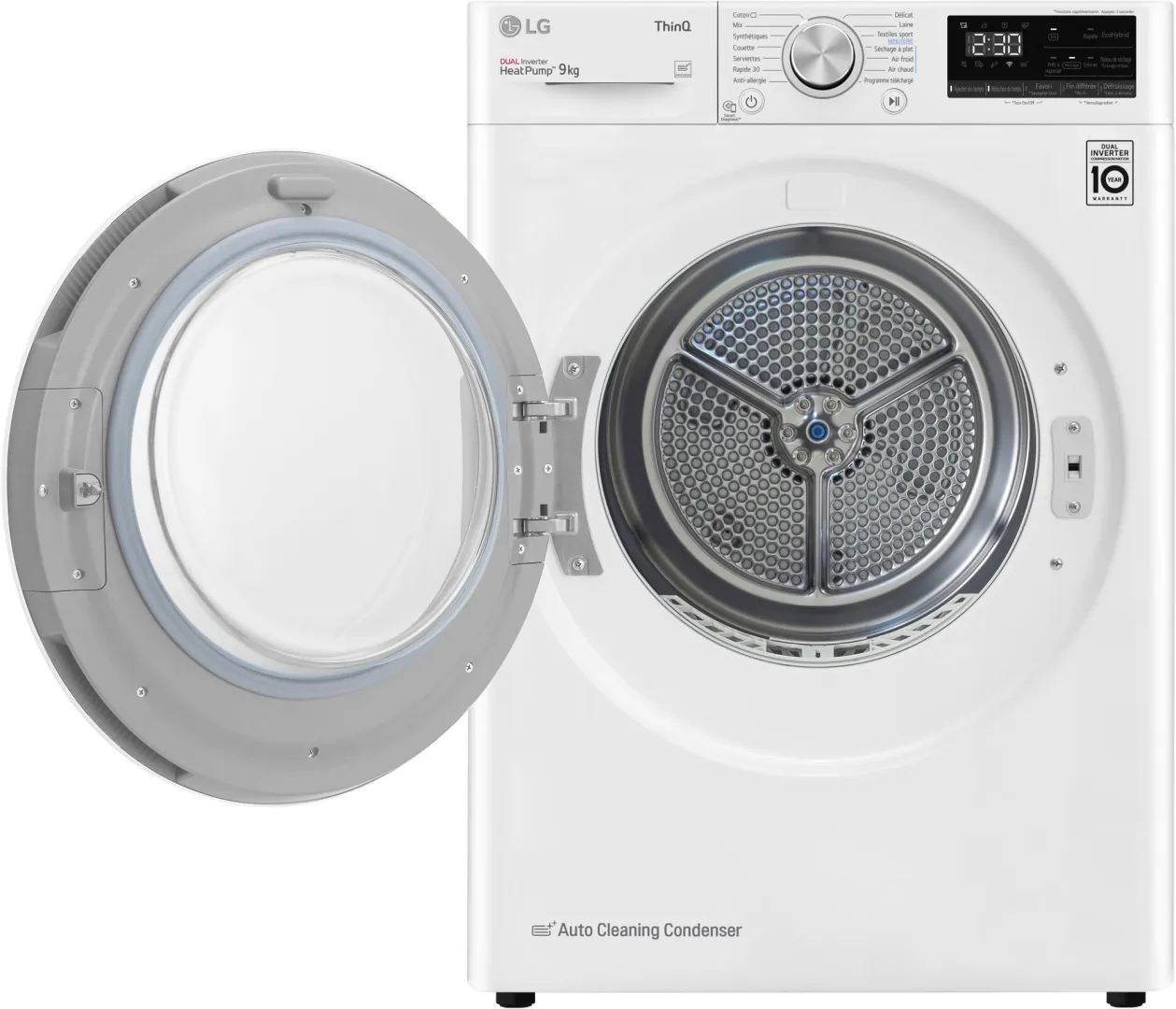 Vue de face du sèche-linge blanc LG RH9V50WH avec sa porte ouverte, montrant le tambour vide et le panneau de commande.