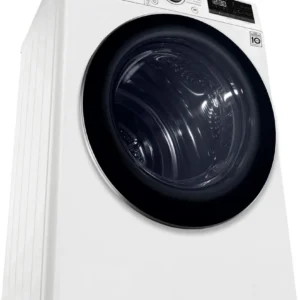 Vue de face du lave-linge LG RH9V50WH en blanc, doté d'un écran numérique et d'une porte ronde noire.