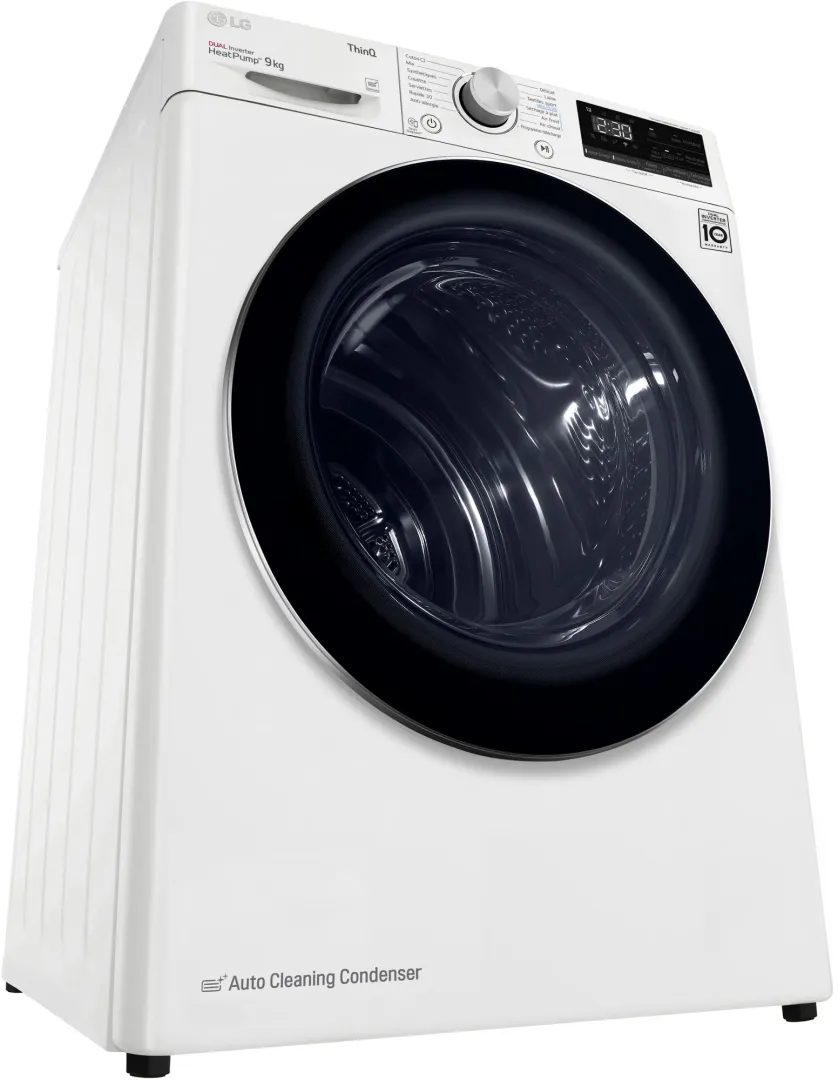 Vue de face du lave-linge LG RH9V50WH en blanc, doté d'un écran numérique et d'une porte ronde noire.
