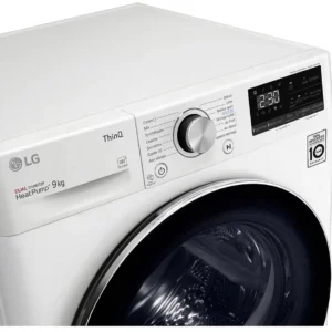 Le LG RH9V50WH est un lave-linge blanc à chargement frontal doté d'un écran numérique et d'un bouton de commande sur le panneau supérieur droit.