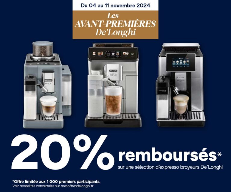 Découvrez l'étonnante ODR de 20 % sur trois machines à café De'Longhi exceptionnelles, disponibles en exclusivité du 4 au 11 novembre 2024.