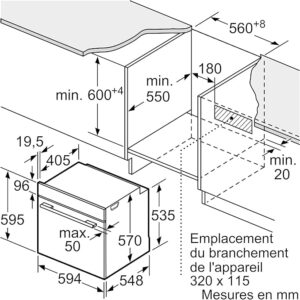 Diagramme des dimensions des armoires de cuisine et des dégagements d'installation des appareils électroménagers présentant le four BOSCH HBA572BW3F, avec des mesures fournies en millimètres.