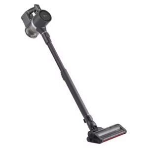 L'aspirateur balai sans fil LG A9K-PRIME1G présente un design noir élégant sur un fond blanc.