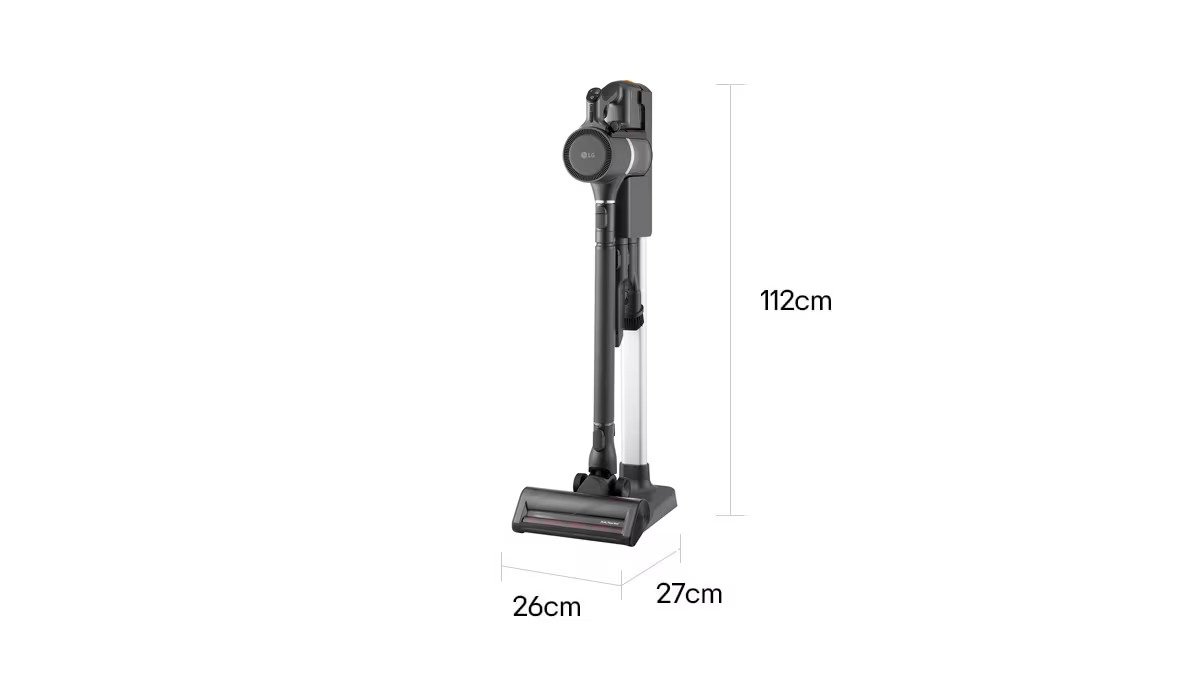 L'aspirateur balai sans fil LG A9K-PRIME1G, d'un noir élégant, mesure 112 cm de hauteur, 27 cm de largeur et 26 cm de profondeur, offrant des performances de nettoyage puissantes avec sa conception compacte.