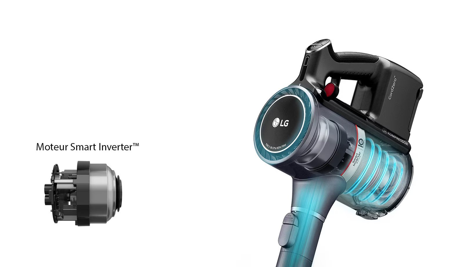 Présentation de l'aspirateur LG A9K-PRIME1G, équipé d'une technologie de moteur à onduleur intelligent et d'un design transparent pour mettre en valeur ses composants hautes performances.