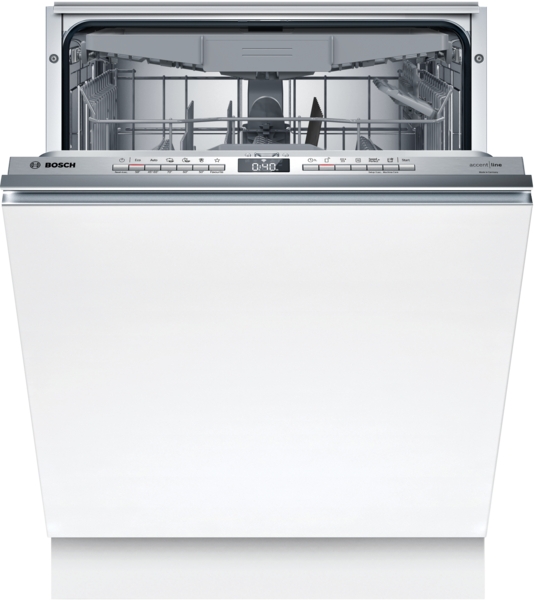 Ouvrez le lave-vaisselle BOSCH SMV6YC803F pour révéler son intérieur vide, doté de grilles élégantes et d'un panneau de commande moderne.