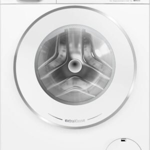 Vue de face du SIEMENS WG44G2F2FR, mettant en valeur son design blanc élégant avec un affichage numérique et un bouton de commande.