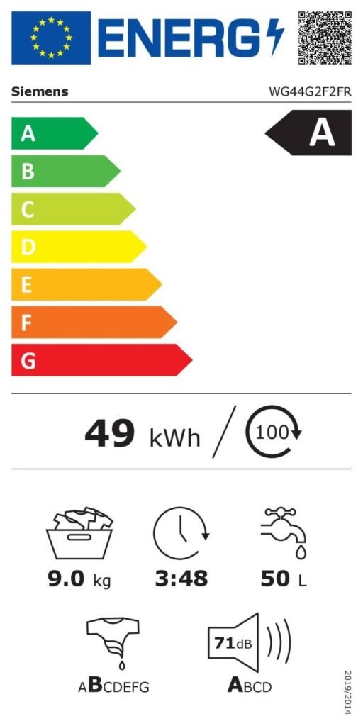Le lave-linge SIEMENS WG44G2F2FR bénéficie d'une excellente étiquette énergétique de classe A, consommant seulement 49 kWh par an. Il offre une capacité de charge de 9,0 kg et termine chaque cycle en seulement 3 heures et 48 minutes, ne consommant que 50 litres d'eau et produisant un niveau sonore de 71 dB.