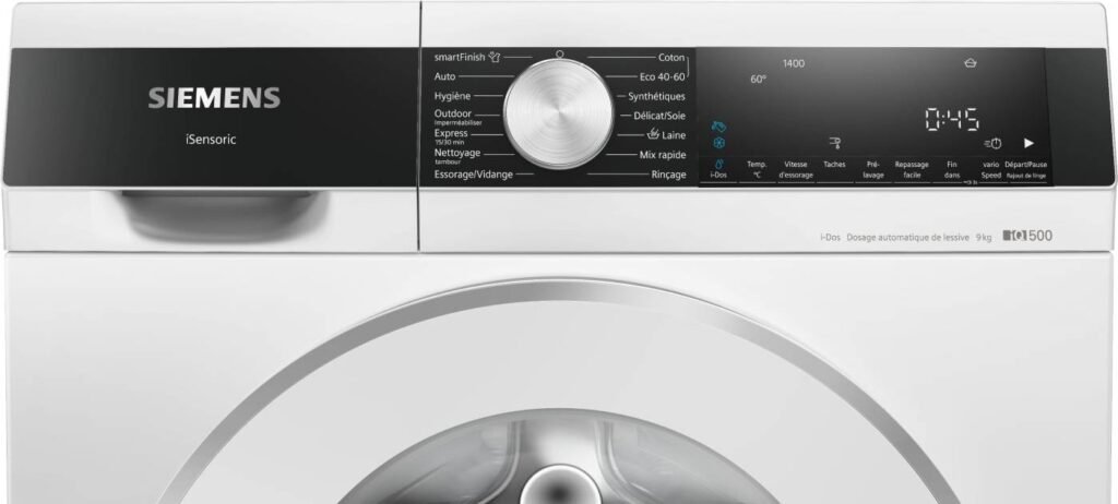 Vue de face du SIEMENS WG44G2F2FR, mettant en valeur son panneau de commande et son écran élégants.