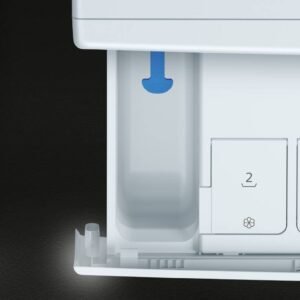Gros plan d'un compartiment ouvert dans la machine à laver SIEMENS WG44G2F2FR, présentant une flèche bleue et des emplacements étiquetés numérotés 1 et 2 pour les réglages ou les commandes.