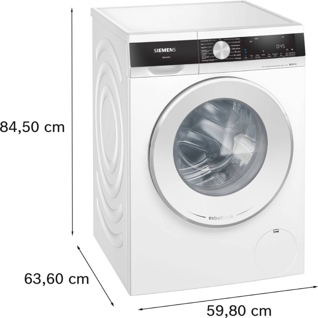 Le lave-linge SIEMENS WG44G2F2FR de couleur blanche est doté d'un écran numérique moderne et de dimensions de 84,5 cm x 63,6 cm x 59,8 cm, alliant élégance et praticité pour vos besoins de lessive.