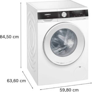 Le lave-linge SIEMENS WG44G2F2FR de couleur blanche est doté d'un écran numérique moderne et de dimensions de 84,5 cm x 63,6 cm x 59,8 cm, alliant élégance et praticité pour vos besoins de lessive.