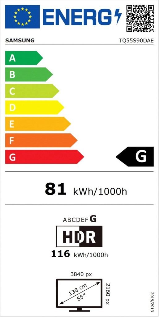 Le téléviseur SAMSUNG TQ55S90D a une étiquette énergétique G et consomme 81 kWh/1000h.
