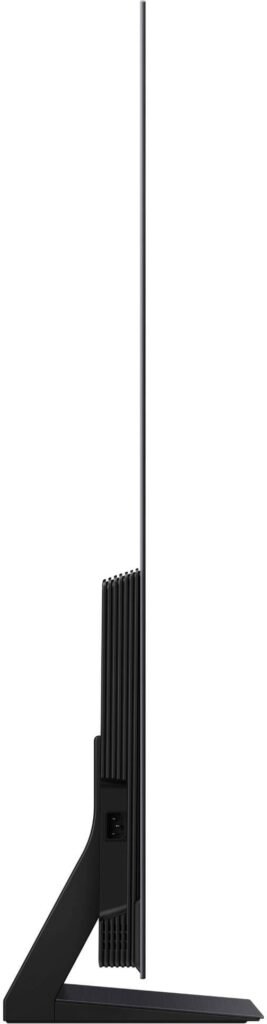 La vue latérale du SAMSUNG TQ55S90D présente son design élégant et moderne à écran plat et son profil mince sur un support contemporain.