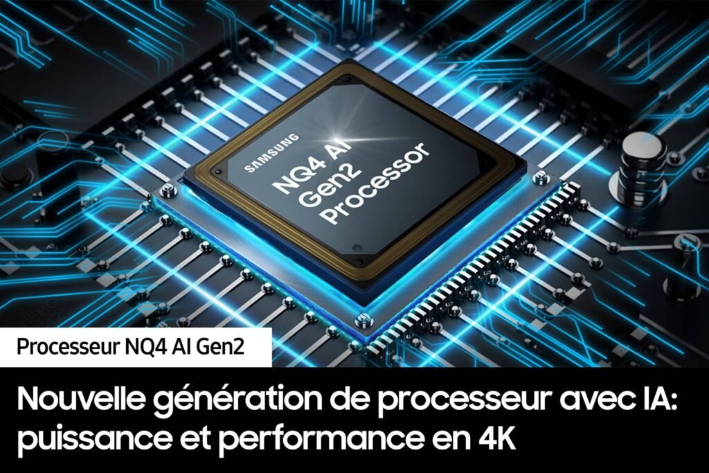 Une micropuce baptisée « NQ4 AI Gen2 », mettant en valeur la technologie de processeur de pointe en 4K époustouflante, comme celle présentée dans le téléviseur SAMSUNG TQ55S90D.
