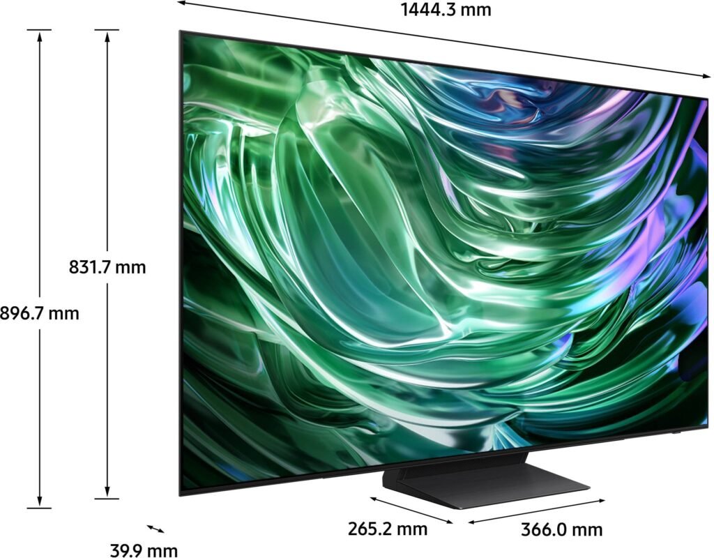 Le téléviseur à écran plat SAMSUNG TQ65S90D présente des dimensions impressionnantes et un écran abstrait vert vif.