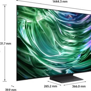 Le téléviseur à écran plat SAMSUNG TQ65S90D présente des dimensions impressionnantes et un écran abstrait vert vif.