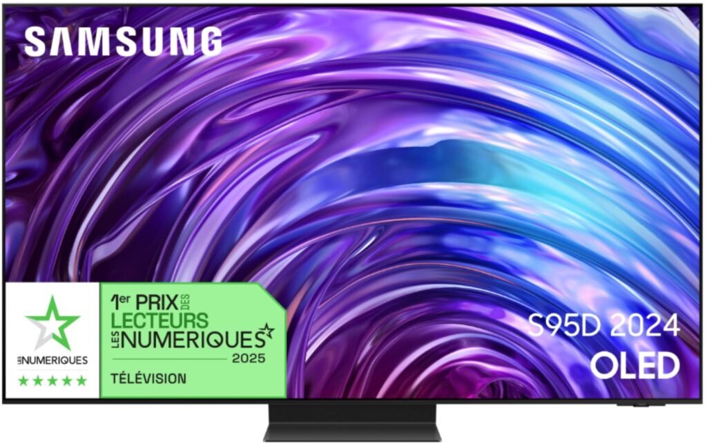 Le téléviseur OLED SAMSUNG TQ65S95D 2024 est doté d'un écran abstrait violet et bleu vibrant, affichant fièrement son prestigieux badge de prix Les Numériques.