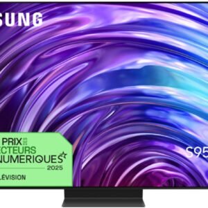 Le téléviseur OLED SAMSUNG TQ65S95D 2024 est doté d'un écran abstrait violet et bleu vibrant, affichant fièrement son prestigieux badge de prix Les Numériques.