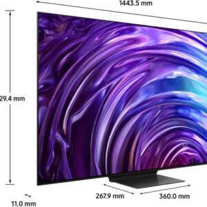 Présentation du SAMSUNG TQ65S95D, un téléviseur moderne doté d'un design violet tourbillonnant élégant et de dimensions millimétriques précises.