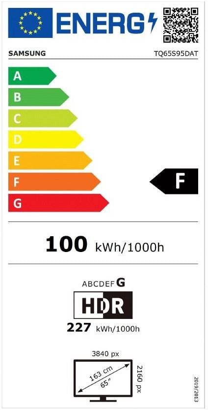 Le SAMSUNG TQ65S95D, équipé du HDR, bénéficie d'une étiquette énergétique européenne F et consomme 100 kWh pour 1000 heures. Son écran de 65 pouces (163 cm) assure une expérience visuelle époustouflante.